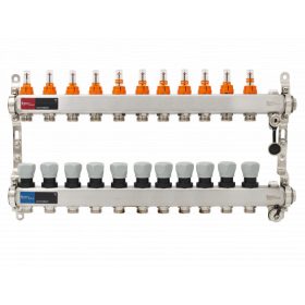   Áramlásmérős osztó-gyűjtő INOX 11 körös, kézi légtelenítővel és töltő ürítővel digitális hőm. kijelzővel 1”x3/4” ERMETIQ