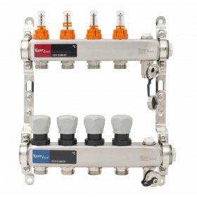   Áramlásmérős osztó-gyűjtő INOX 4 körös, kézi légtelenítővel és töltő ürítővel digitális hőm. kijelzővel 1”x3/4” ERMETIQ