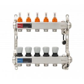   Áramlásmérős osztó-gyűjtő INOX 5 körös, kézi légtelenítővel és töltő ürítővel digitális hőm. kijelzővel 1”x3/4” ERMETIQ