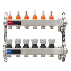   Áramlásmérős osztó-gyűjtő INOX 6 körös, kézi légtelenítővel és töltő ürítővel digitális hőm. kijelzővel 1”x3/4” ERMETIQ