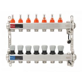   Áramlásmérős osztó-gyűjtő INOX 7 körös, kézi légtelenítővel és töltő ürítővel digitális hőm. kijelzővel 1”x3/4” ERMETIQ