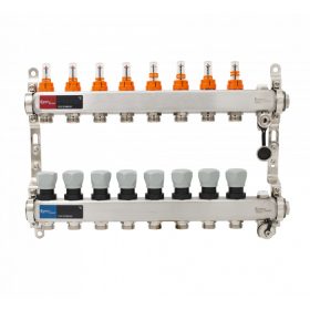   Áramlásmérős osztó-gyűjtő INOX 8 körös, kézi légtelenítővel és töltő ürítővel digitális hőm. kijelzővel 1”x3/4” ERMETIQ