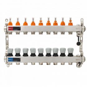   Áramlásmérős osztó-gyűjtő INOX 9 körös, kézi légtelenítővel és töltő ürítővel digitális hőm. kijelzővel 1”x3/4” ERMETIQ