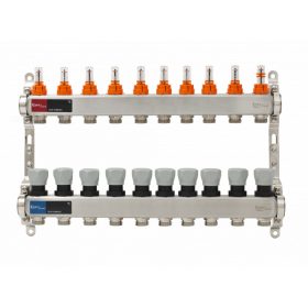   Áramlásmérős osztó-gyűjtő INOX 10 körös, légetelenítő és töltő ürítő nélkü digitális hőm. kijelzővel 1”x3/4” ERMETIQ