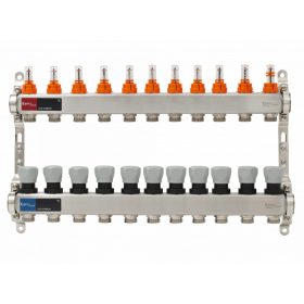   Áramlásmérős osztó-gyűjtő INOX 11 körös, légetelenítő és töltő ürítő nélkü digitális hőm. kijelzővel 1”x3/4” ERMETIQ