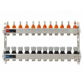   Áramlásmérős osztó-gyűjtő INOX 12 körös, légetelenítő és töltő ürítő nélkü digitális hőm. kijelzővel 1”x3/4” ERMETIQ