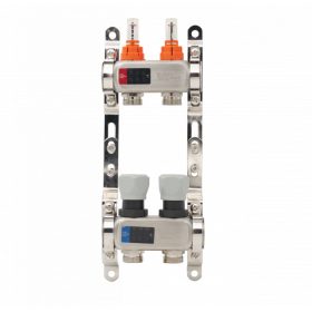   Áramlásmérős osztó-gyűjtő INOX 2 körös, légetelenítő és töltő ürítő nélkü digitális hőm. kijelzővel 1”x3/4” ERMETIQ 