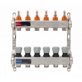   Áramlásmérős osztó-gyűjtő INOX 6 körös, légetelenítő és töltő ürítő nélkü digitális hőm. kijelzővel 1”x3/4” ERMETIQ