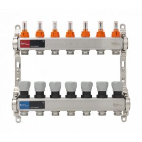   Áramlásmérős osztó-gyűjtő INOX 7 körös, légetelenítő és töltő ürítő nélkü digitális hőm. kijelzővel 1”x3/4” ERMETIQ