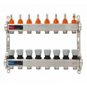   Áramlásmérős osztó-gyűjtő INOX 8 körös, légetelenítő és töltő ürítő nélkü digitális hőm. kijelzővel 1”x3/4” ERMETIQ