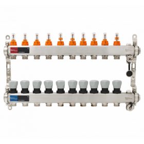   Áramlásmérős osztó-gyűjtő INOX 10 körös, automata légtelenítő és töltő ürítővel digitális höm. kijelzővel 1”x3/4” ERMETQ
