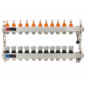   Áramlásmérős osztó-gyűjtő INOX 11 körös, automata légtelenítő és töltő ürítővel digitális höm. kijelzővel 1”x3/4” ERMETQ