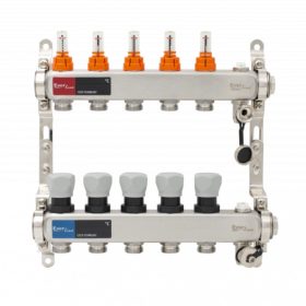   Áramlásmérős osztó-gyűjtő INOX 5 körös, automata légtelenítő és töltő ürítővel digitális höm. kijelzővel 1”x3/4” ERMETQ