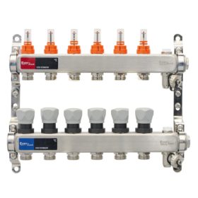   Áramlásmérős osztó-gyűjtő INOX 6 körös, automata légtelenítő és töltő ürítővel digitális höm. kijelzővel 1”x3/4” ERMETQ