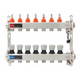   Áramlásmérős osztó-gyűjtő INOX 7 körös, automata légtelenítő és töltő ürítővel digitális höm. kijelzővel 1”x3/4” ERMETQ