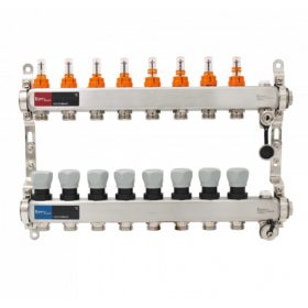   Áramlásmérős osztó-gyűjtő INOX 8 körös, automata légtelenítő és töltő ürítővel digitális höm. kijelzővel 1”x3/4” ERMETQ