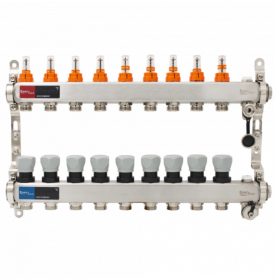  Áramlásmérős osztó-gyűjtő INOX 9 körös, automata légtelenítő és töltő ürítővel digitális höm. kijelzővel 1”x3/4” ERMETQ