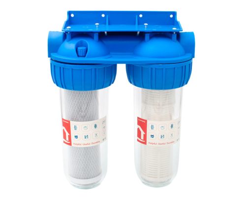 Vizszűrő poharas 10" 2 részes 1"-os, tartóval, szerelő kulcsal, szitásszűrő/szénszűrő