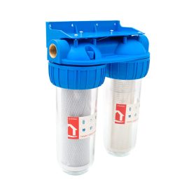   Vizszűrő poharas 10" 2 részes 3/4"-os, tartóval, szerelő kulcsal, szitásszűrő/szénszűrő